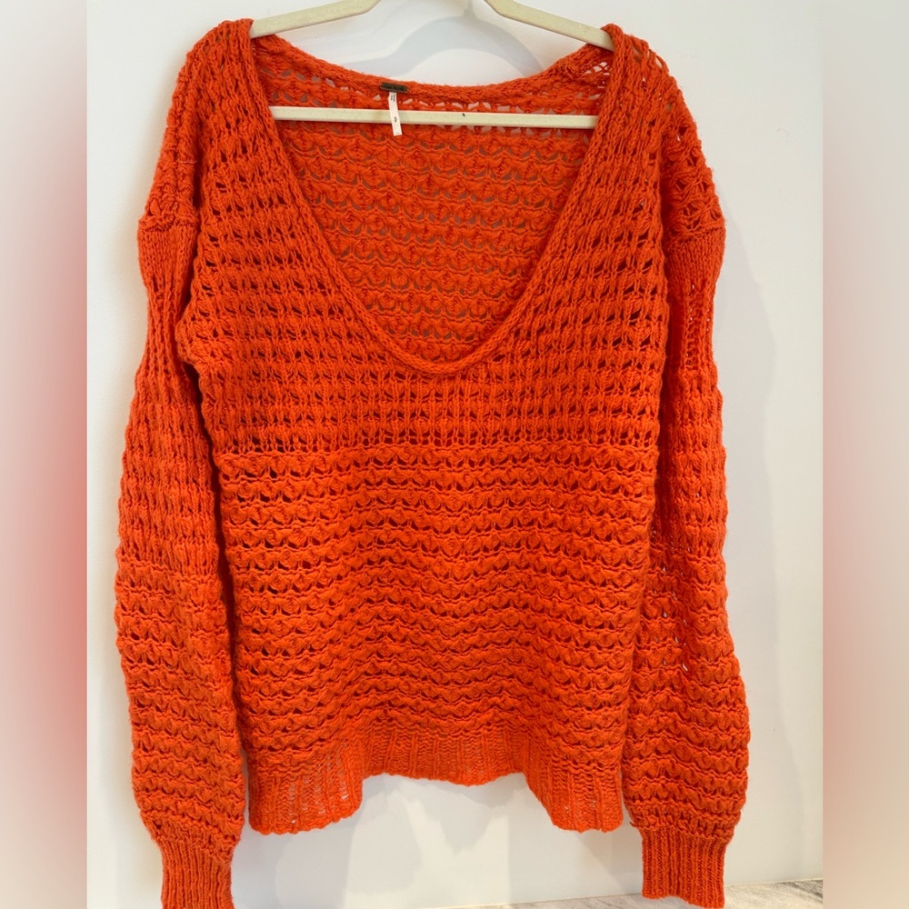 Free People Women's Bohemian Open-Knit V-Neck Orange Sweater - Size S/P